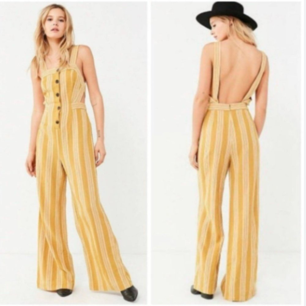 Urban Outfitters | Ameliana Linen Striped Wide Leg Open Back Mustard Jumpsuit 4